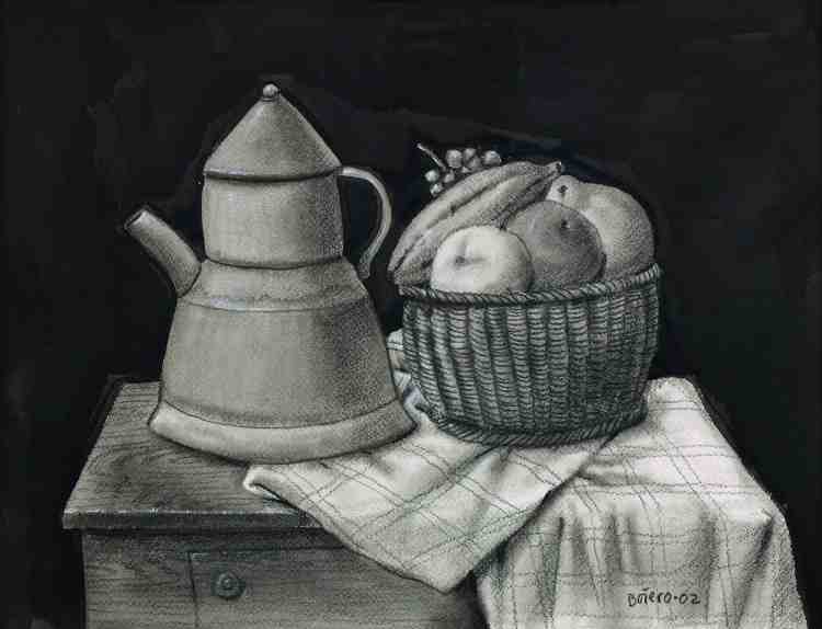 fernando botero - still life with fruits and coffee pot - 2002 - chalice and watercolor on paper - courtesy custot gallery dubai and the artist